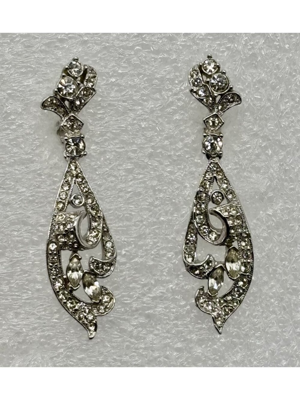 Vintage Earrings Silver-Tone Metal With Clear Rhinestones Marquise Pave Clip-Ons